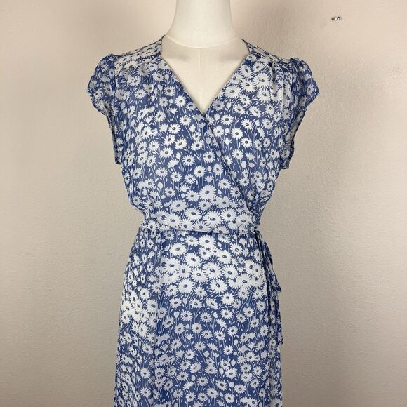 Urban Outfitters Dress Womens Medium Jessica Cap Sleeve Floral Wrap Midi Blue - Picture 3 of 16